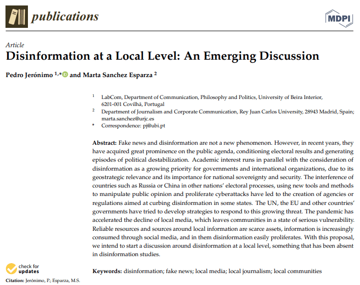 Publicado artigo sobre desinformação e colaboração a uma escala local